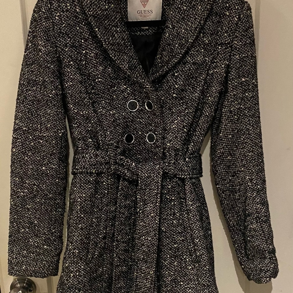 GUESS Black White Tweed Trench Coat Belted Jacket S